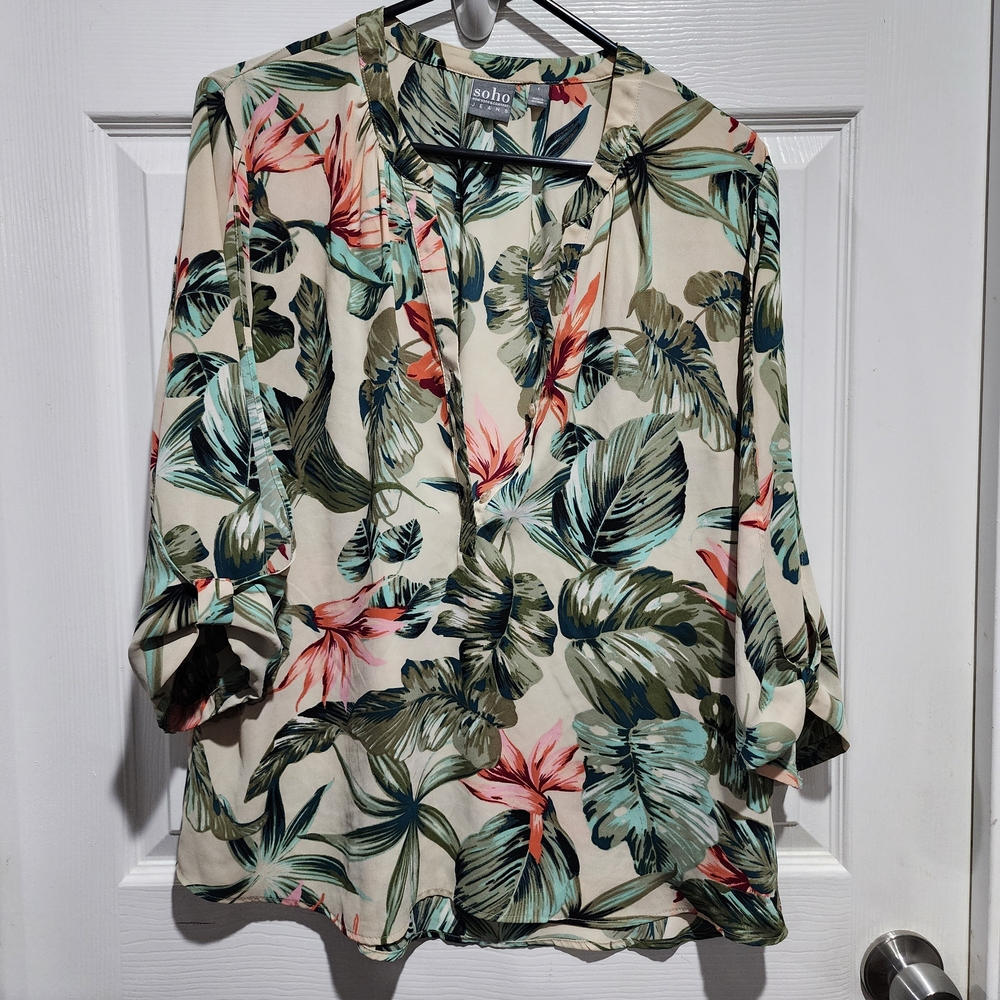 Soho Tropical Print Blouse - Cream and Green